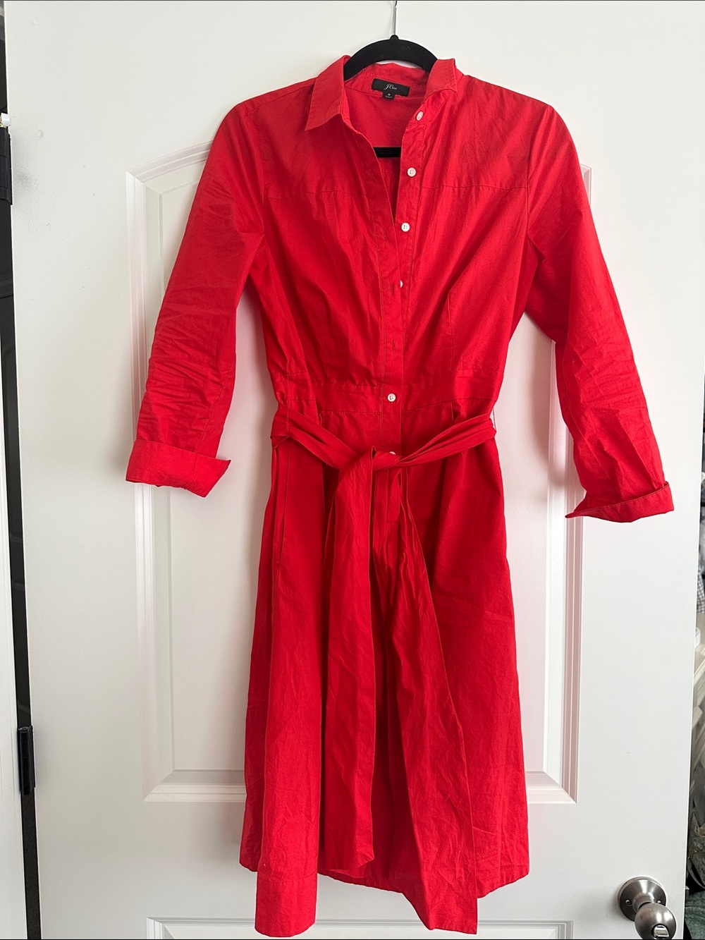 J. Crew Red Long-Sleeve Shirt Dress with Waist Tie